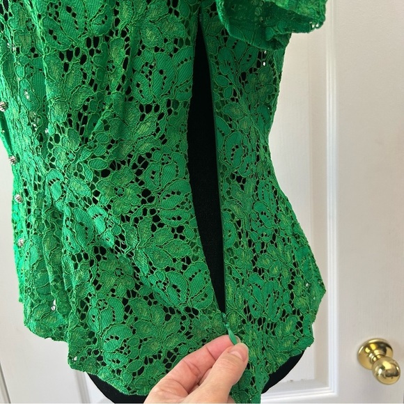 Zara Lace V-Neck Top Short Sleeve Rhinestone Button Blouse Green Size Small NWT - Picture 14 of 16